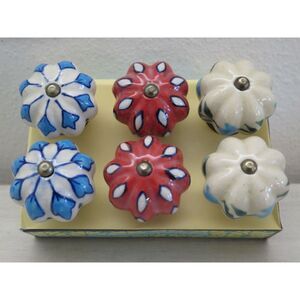 Jaipur Market Blue/Red Leaf & Flower Pattern Ceramic Drawer Knobs, Set Of 6